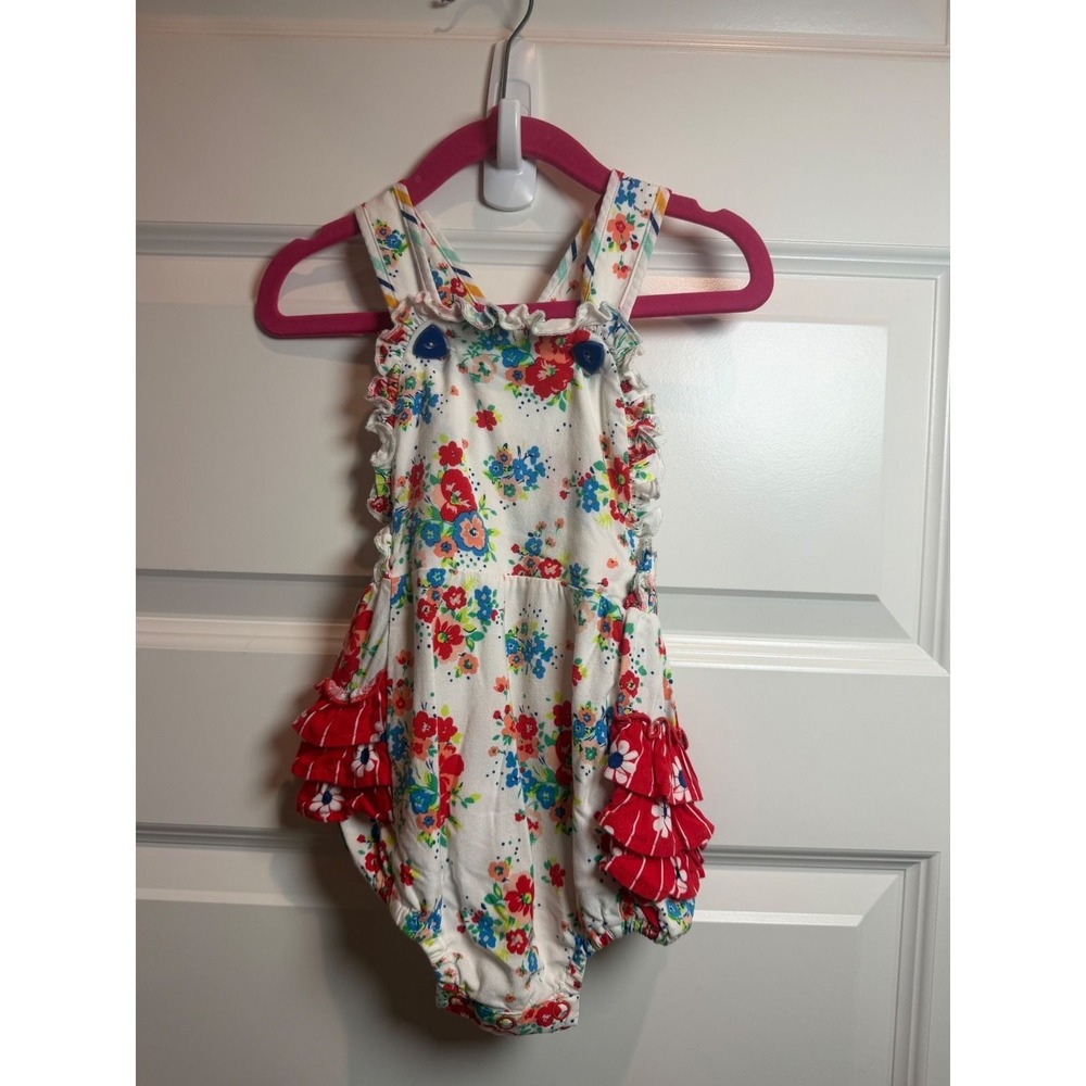 31. Wildflowers No. 2 Kids Floral Ruffle Bubble Romper Sunsuit White Red Blue 2T